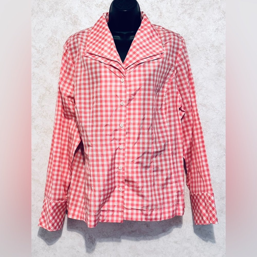 Jones New York Collection Pink Gingham Silk Blouse Long Sleeve Cuffs Size 14W - Picture 3 of 16